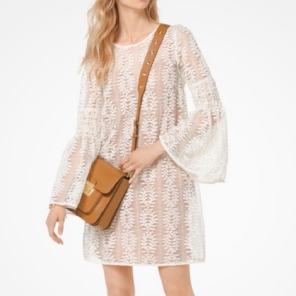 Michael Kors Size XS White Lace Dress with Bell Sleeves and Nude Bodycon Lining